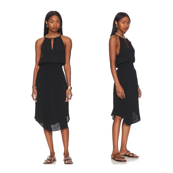bobi Black | Date Night Smocked Waist Little Black Dress Midi - Picture 2 of 9